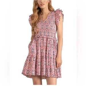 Elan Ikat Print Ruffle Sleeve Lavender and Black Dress